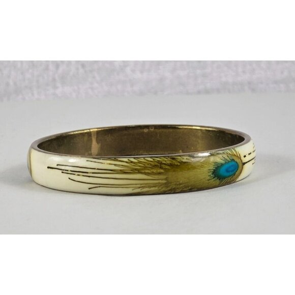 Vintage Peacock Bangel 3" x 3/8" Brass Enamel Bracelet Boho Feathers - Picture 1 of 7